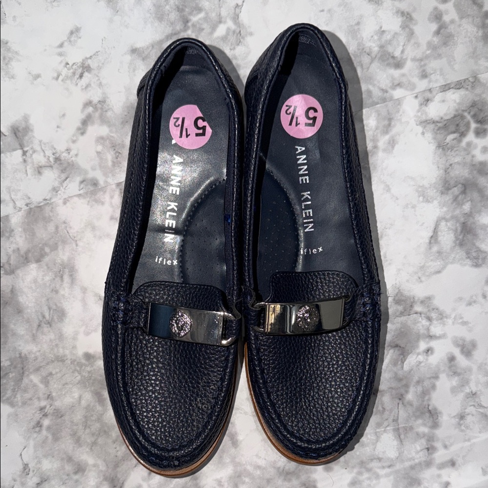 Anne Klein Dark Blue Textured Loafers